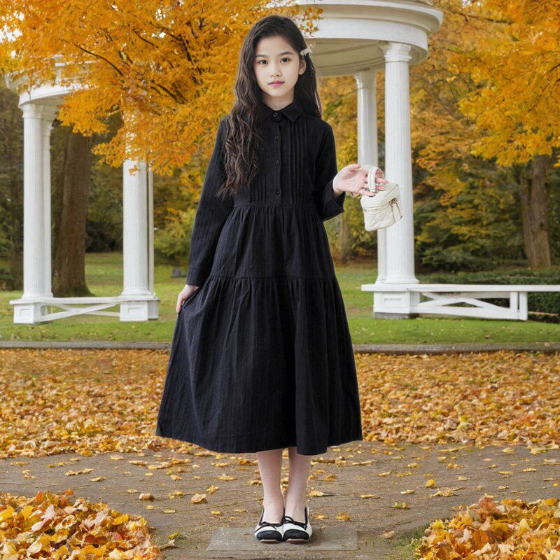 长袖衬衫连衣裙女童秋装新款文艺超好看洋气棉布黑色女孩气质裙子