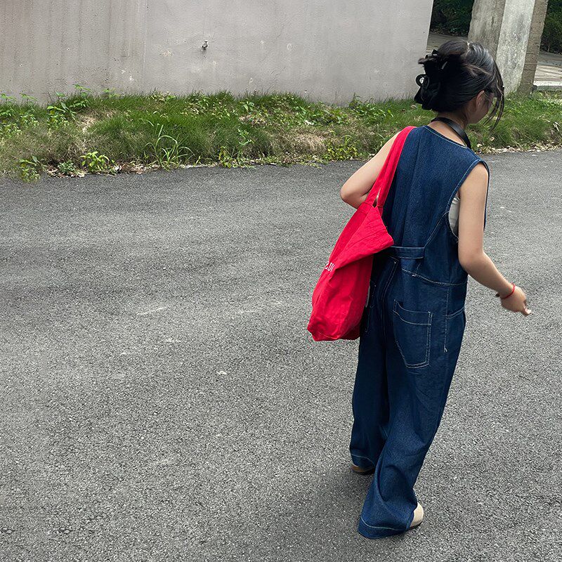 女童牛仔背带裤2025春秋新款中大童洋气百搭阔腿裤儿童宽松连体裤