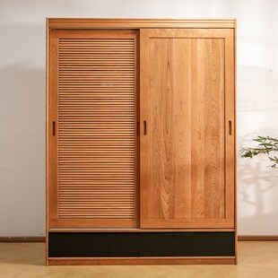 北欧风格衣柜实木樱桃木白橡木日式原木儿童百叶推拉门家具黑胡桃