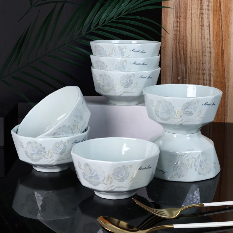 影青甜蜜蜜4.5英寸米饭碗10个装加厚防烫牡丹花碗欧式吃饭碗
