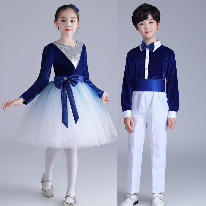 宝蓝色儿童合唱演出服装初中生诗歌朗诵礼服女生长裙男童长袖套装图片