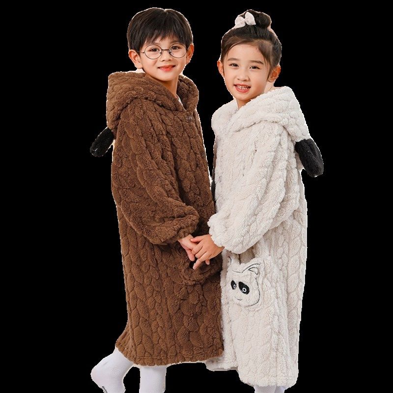 秋冬新款儿童睡袍长款加厚保暖法兰绒睡衣男童女童浴袍连帽家居服