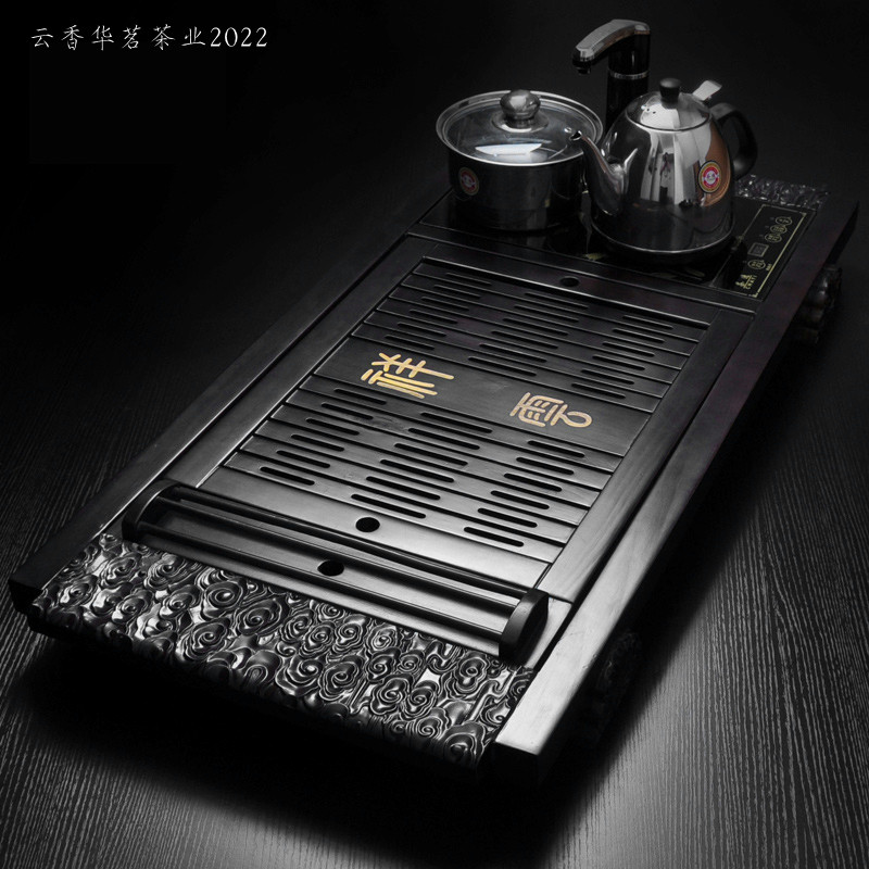 实木杯架一体茶盘 功夫茶具排水储水抽屉式茶台茶海 四合一电磁炉