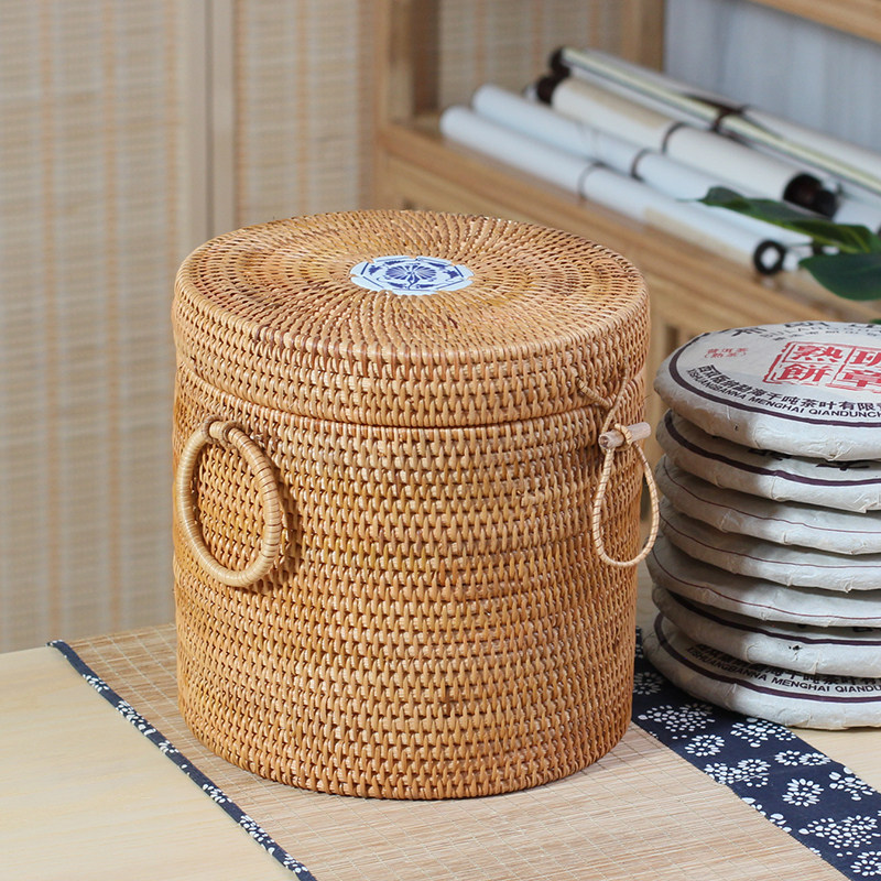 越南秋藤编普洱茶七子饼茶叶罐储存茶罐桶包装礼盒357克500克7饼