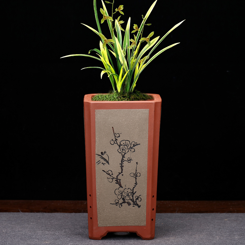 宜兴紫砂花盆精品粉浆四方六角客厅桌面盆景兰花文竹悬崖家用陶瓷