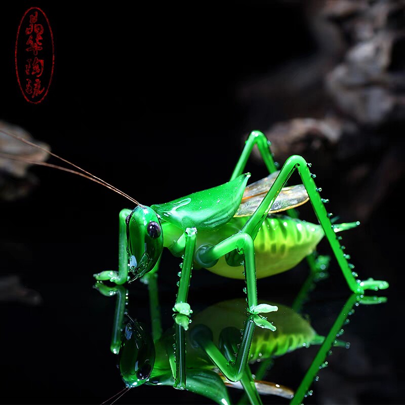 淄博琉璃蝈蝈仿真螳螂蛐蛐纯手工制绿色蚂蚱玻璃盆景创意摆件送礼