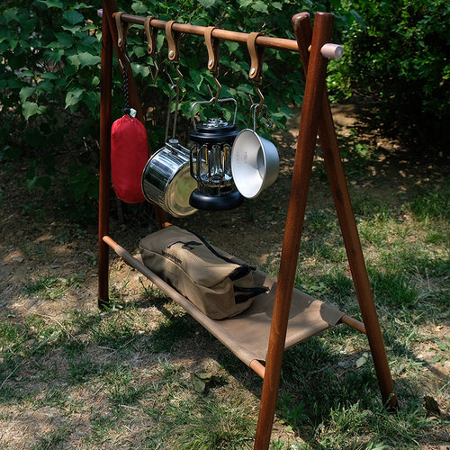 户外木质三角置物架收纳挂架灯架露营餐具架折叠便携式锅架子野炊