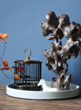 新中式侘寂风禅意陶瓷太湖石摆件书房茶几桌面书柜样板房软装饰品