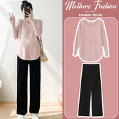 上衣裤 春秋宽松休闲简约V领粉色针织衫 子两件套 2024新款 孕妇套装