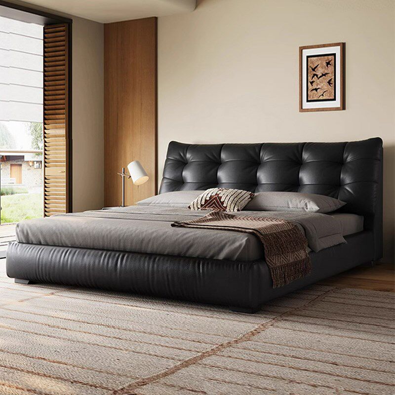 意式极简大黑熊真皮双人床主卧高端现代小户型高箱储物黑色软包床
