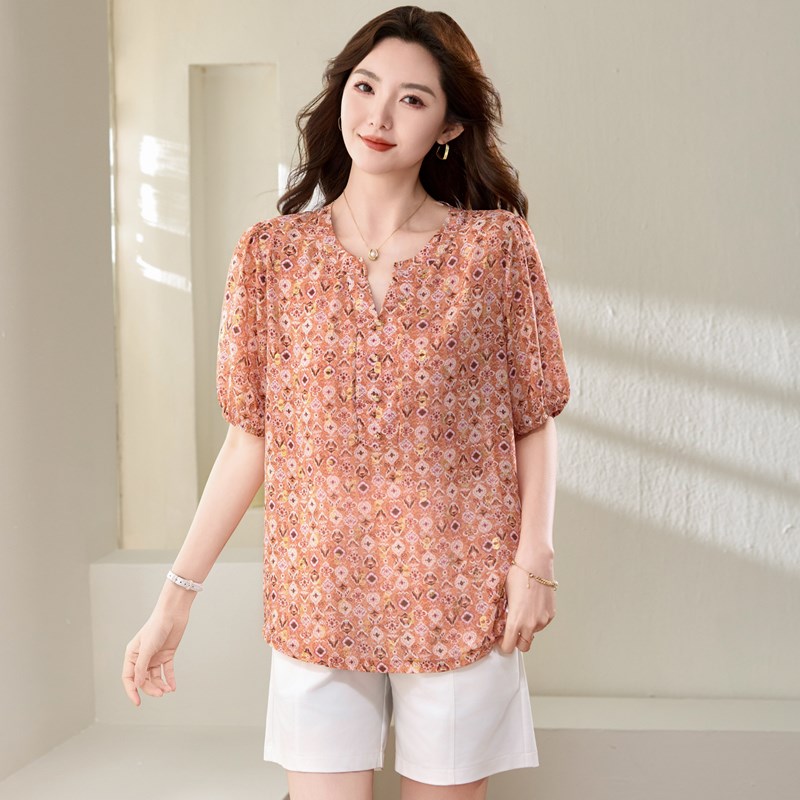 加肥加大码女装200斤胖mm夏装时髦洋气雪纺上衣胖妹妹时尚显瘦T恤