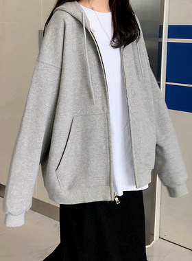 秋季灰色卫衣女2021新款韩版时尚开衫连帽外套学生宽松运动上衣服
