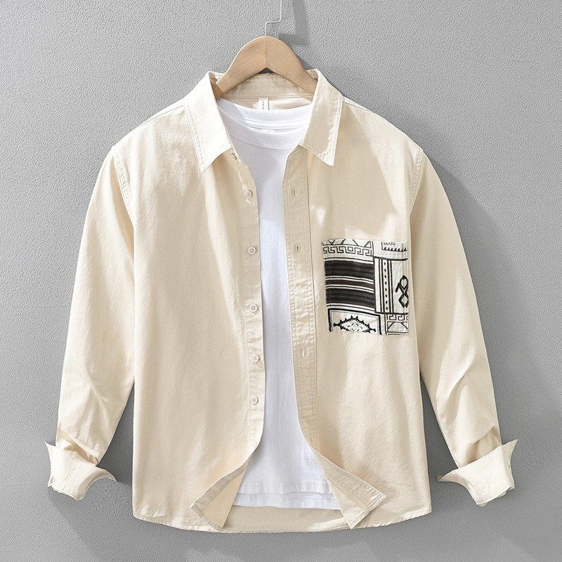 日系设计感拼接印花长袖衬衫男士春秋纯棉青年时尚百搭宽松上衣,男装,汉服,淘宝优惠券,粉丝福利购,淘宝优惠卷