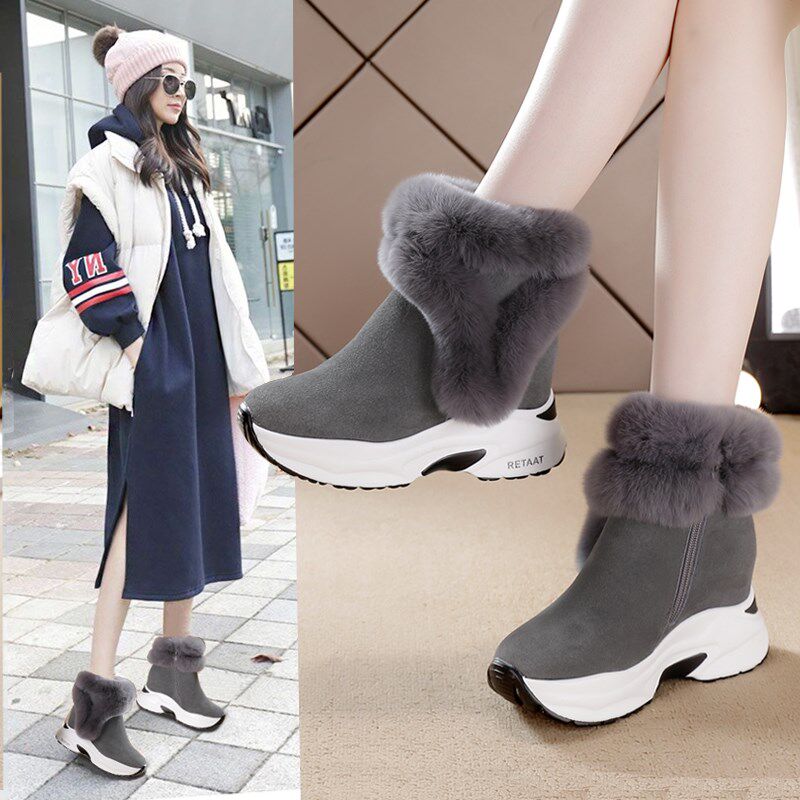 冬季真皮内增高兔毛雪地靴加绒x34小码2025新款网红短靴女保暖棉