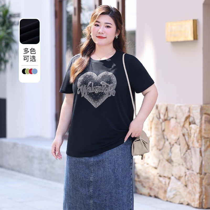 夏季休闲T恤上衣大码胖妈妈洋气烫钻减龄宽松显瘦短袖百搭体恤衫