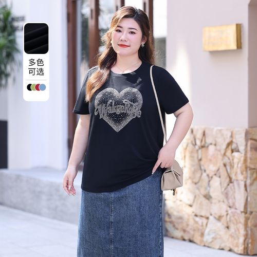 夏季休闲T恤上衣大码胖妈妈洋气烫钻减龄宽松显瘦短袖百搭体恤衫