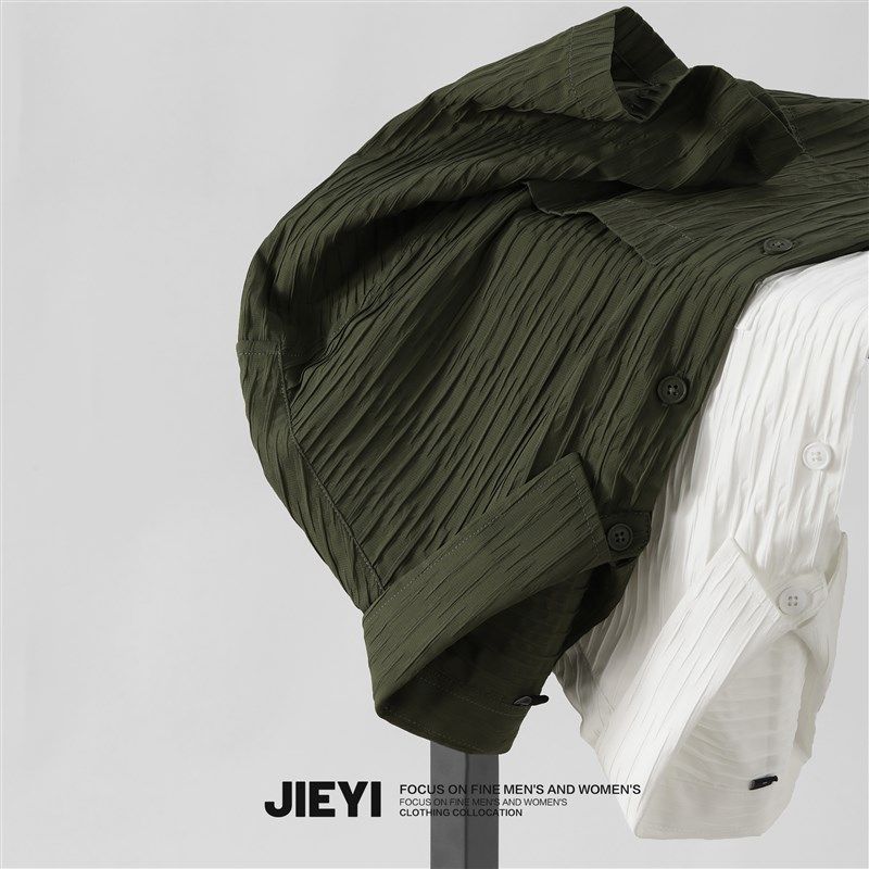 JIEYI 褶皱肌理感男士轻奢短袖衬衫翻领休闲宽松寸衣高级感小外套,男装,衬衫,淘宝优惠券,粉丝福利购,淘宝优惠卷