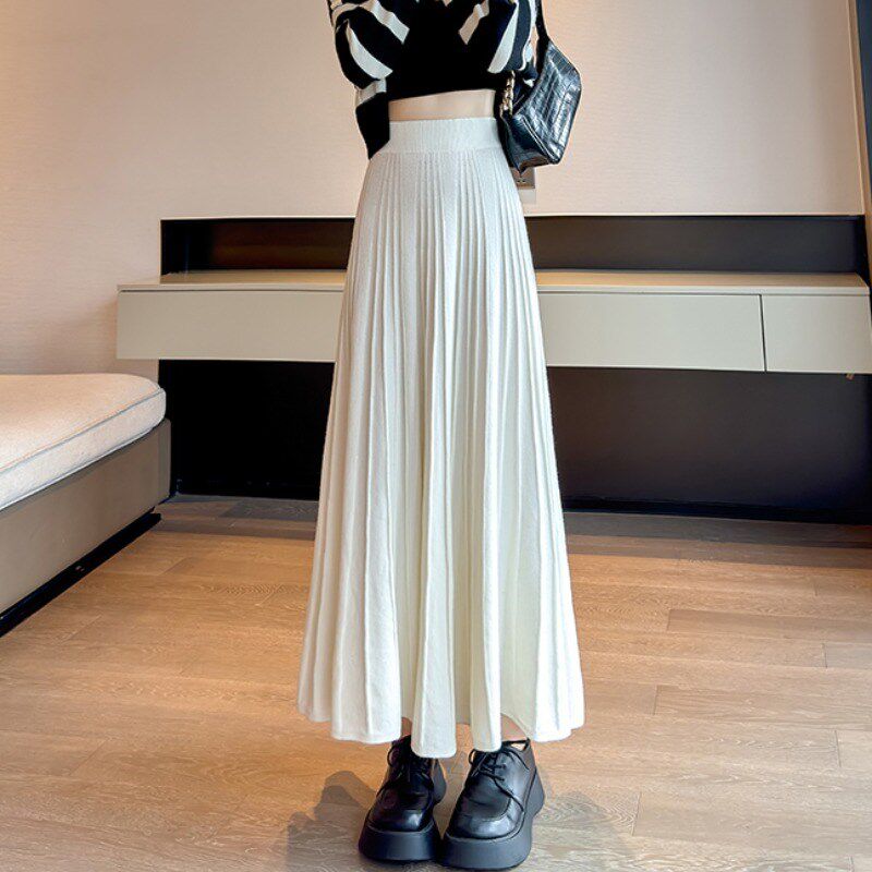 长裙秋冬针织半身裙百褶女冬裙子2024新款显瘦高腰a字伞裙超长款