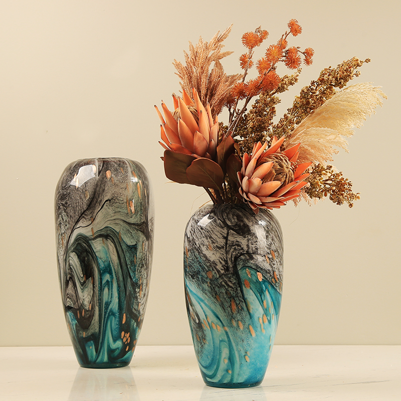 现代轻奢水墨画琉璃花瓶艺术摆件玄关餐桌装饰客厅插花花器样板间图片