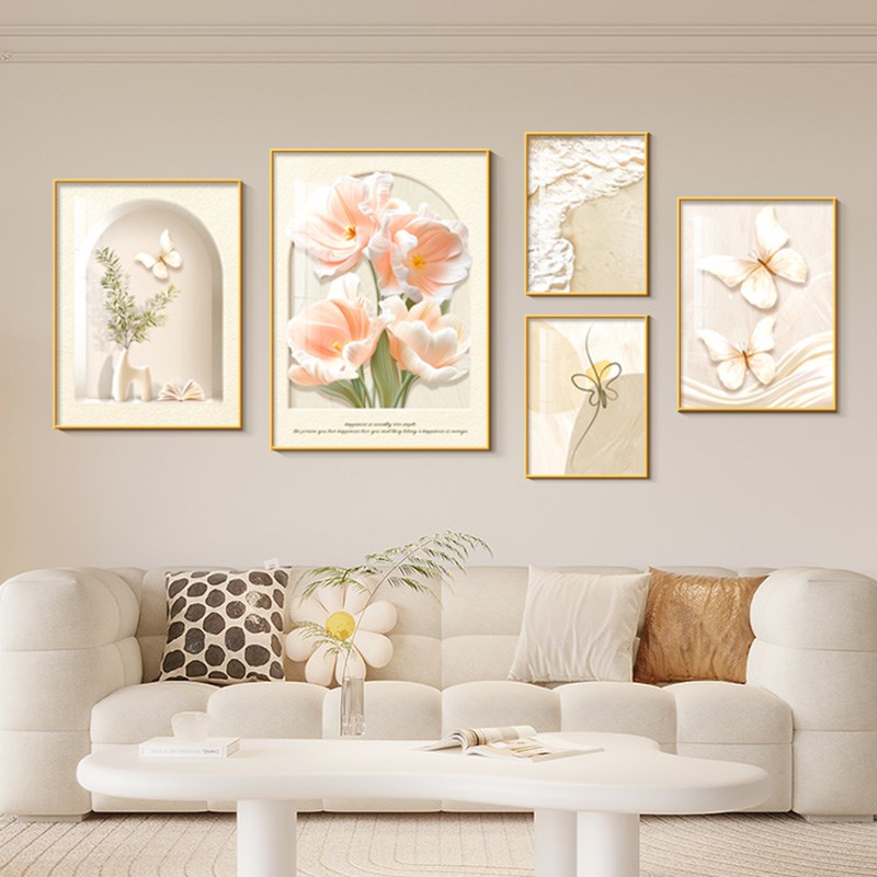 奶油风花卉组合壁画温馨蝴蝶沙发背景墙挂画高档客厅大白墙装饰画图片