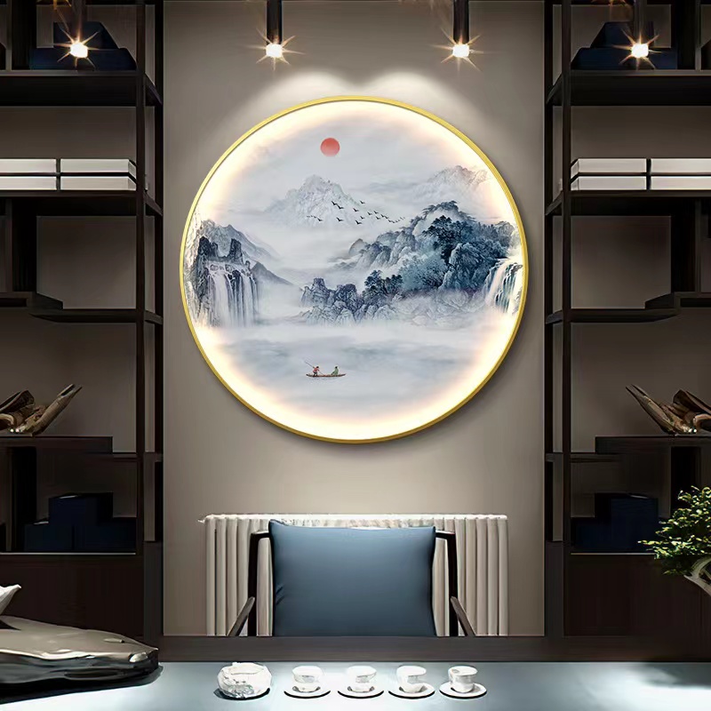 新中式玄关装饰画圆形灯画餐厅茶室背景墙山水挂画书房过道壁灯画图片