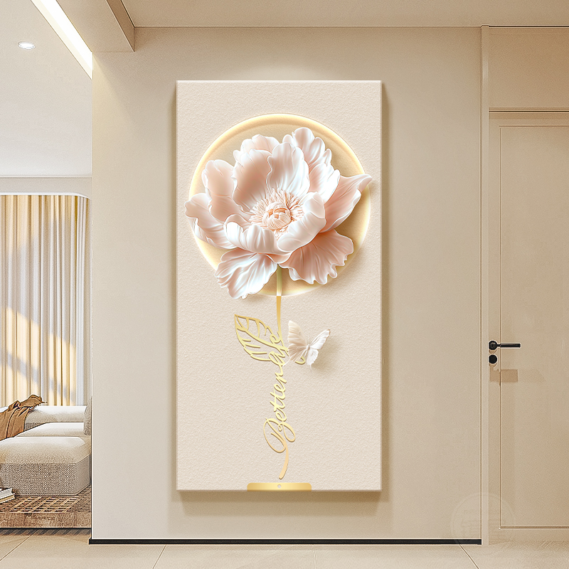 奶油风玄关装饰画立体花卉轻奢高级感挂画新中式入户走廊过道壁画图片