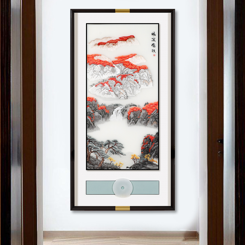 新中式刺绣玄关装饰画简约入户走廊过道竖版苏绣客厅墙壁挂画高档图片