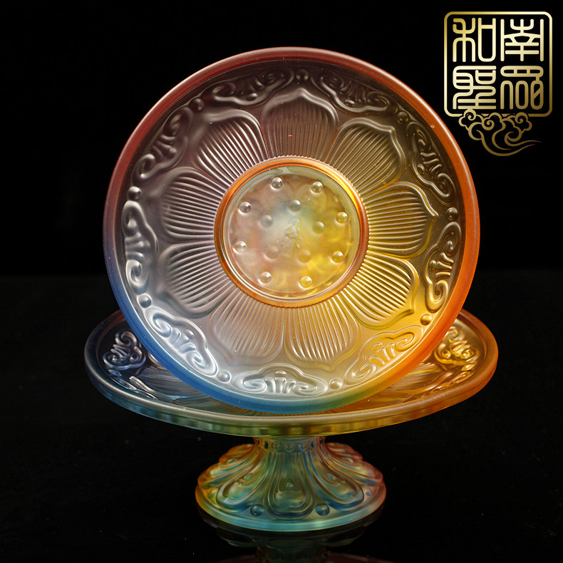 佛前供果盘家居室内水果盘佛堂观音贡盘仿琉璃七彩莲花供盘果碟