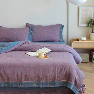 床上60支全棉双层纱四件套A类母婴级100纯棉纱布色织提花床单被套