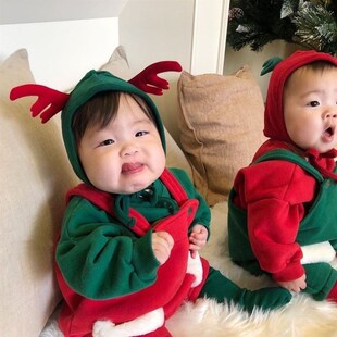 婴儿衣服秋冬装可爱超萌宝宝连体背带裤男女网红洋气圣诞麋鹿套装