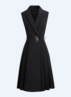 无袖西装连衣裙秋季新款收腰显瘦大码气质中长款黑色马甲裙子7534