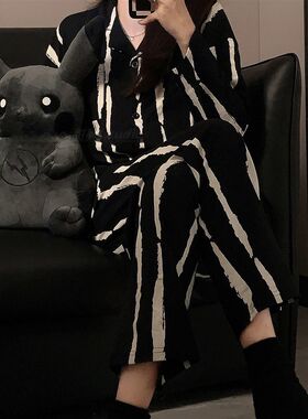 睡衣女春秋纯棉长袖两件套大码家居服套装宽松可外穿网红款高级感