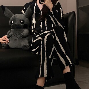 睡衣女春秋纯棉长袖两件套大码家居服套装宽松可外穿网红款高级感