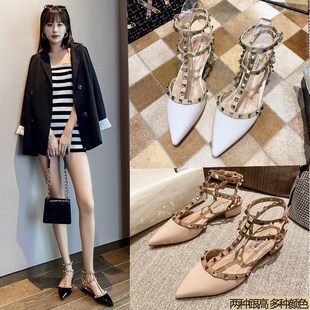 包头铆钉凉鞋2024年新款春夏季高跟百搭时装尖头中粗跟Y平底女鞋