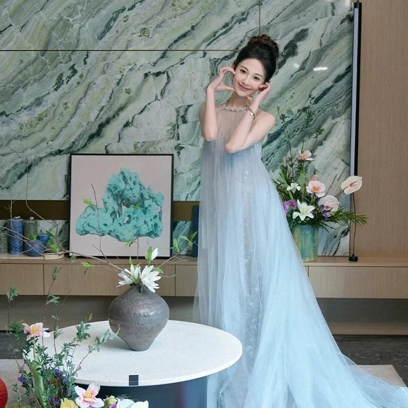 法式蓝色晨袍新娘女轻婚纱超仙高端轻奢小众结婚订婚生日宴晚礼服