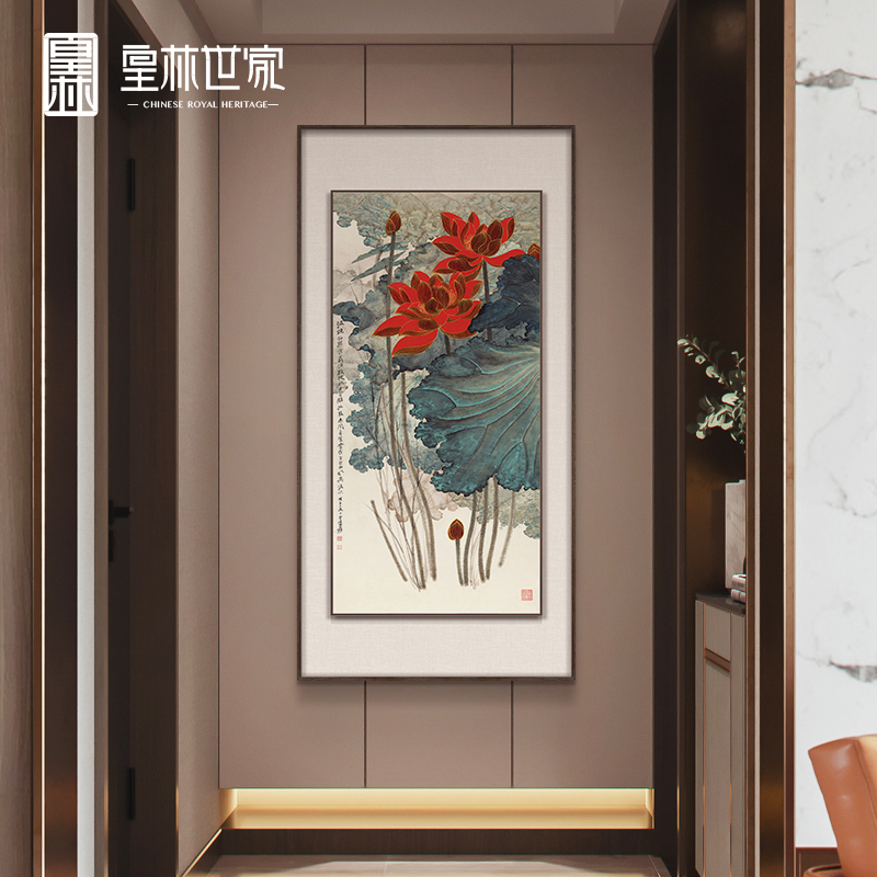 张大千金线荷花寓意好立体装饰画新中式玄关挂画走廊过道尽头壁画图片