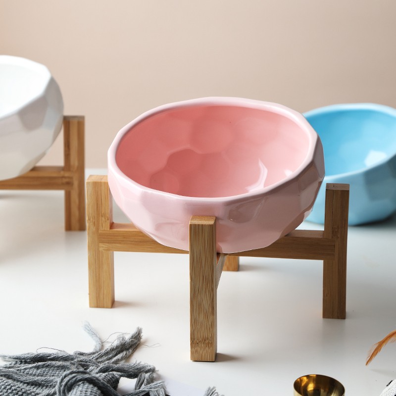宠物碗陶瓷猫碗狗碗法斗碗大容量斜口碗扁脸水碗带木架高脚碗
