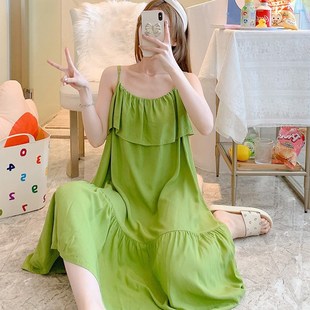 防凸点突人造绵女生宽松连衣睡裙天 吊带薄款 夏季 女士棉绸睡衣无袖