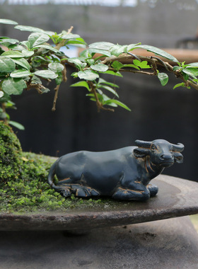 牛年冲天小水牛摆件微景观动物装饰品花盆庭院假山流水盆景配件