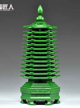 绿色桃木雕刻13层文昌塔摆件木质十三层九层文昌塔客厅书桌工艺品