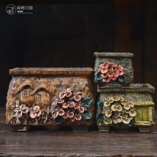 青藤花器手工粗陶多肉长方口盆群生精品白菊麦秆复古透气装 饰创意