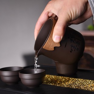 防烫木圈手抓中式 刻字紫砂公道杯茶海分茶器陶瓷茶漏套装 家用大号