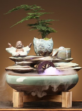 创意陶瓷金鱼缸客厅循环流水摆件小型桌面喷泉办公室水车招财礼品