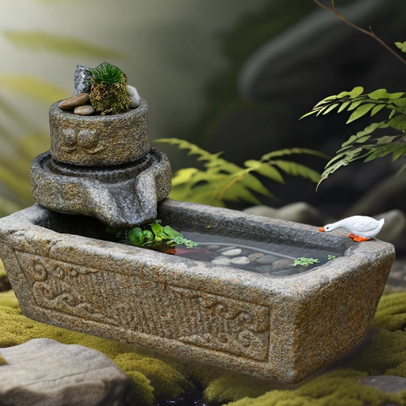 庭院石磨马槽流水摆件循环水景观鱼池户外花园布置假山造景喷泉