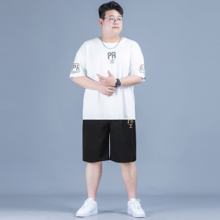 胖子夏季 套装 纯棉圆领宽松舒适短袖 男士 上衣直筒透气五分裤 大尺码