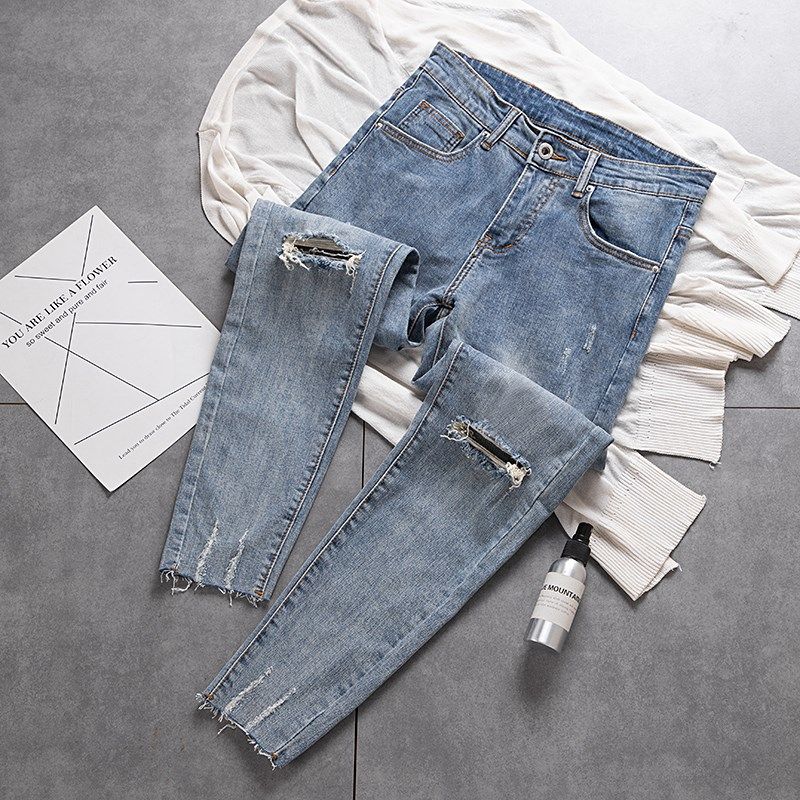 夏季新款膝盖破洞水洗毛边牛仔裤男韩版青年休闲修身小脚九分裤潮,男装,牛仔裤,淘宝优惠券,粉丝福利购,淘宝优惠卷