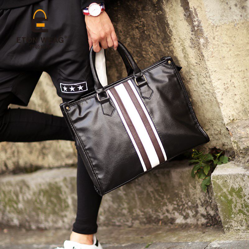 2025新款韩版英伦手提包条纹复古潮男包pu皮休闲包单肩斜跨公文包