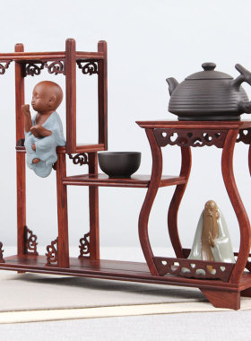 博古架摆件多宝阁k底座紫砂茶壶架茶具架红酸枝木雕工艺品摆件实