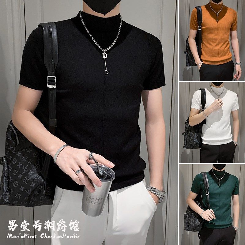 夏季短袖T恤男修身潮流半高领T恤2023新款高端潮牌针织半袖衣服