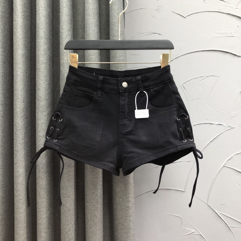黑色高腰牛仔短裤女显瘦2025春B季时尚洋气个性绑绳A字打底热裤潮